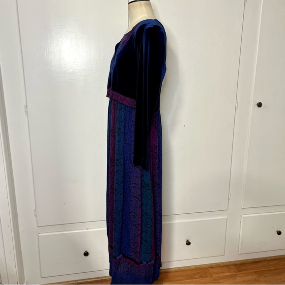 Vintage 80s90s Karin Stevens Blue Velvet Jewel Tone Rayon Maxi Dress - Picture 3 of 8
